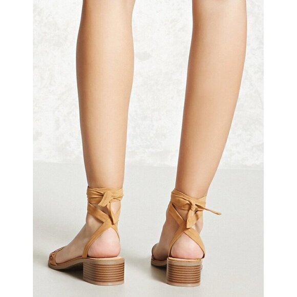 Forever 21 Sz 8.5 Floral Embroidered Faux Suede Leather Wrap Tie Lace Up Sandals - Picture 7 of 12